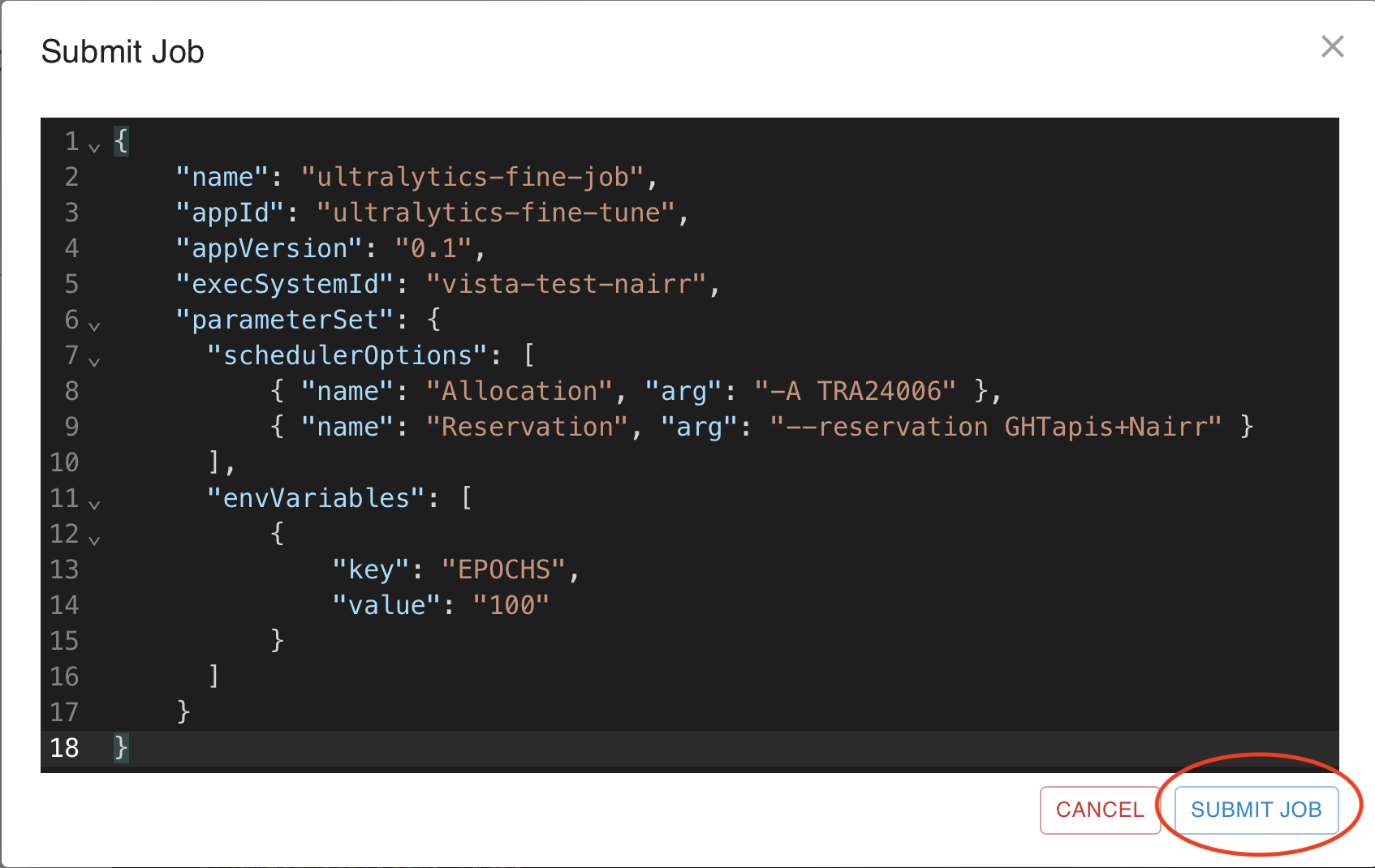 Step 2 - Pasting the Job JSON into the Editor and Submit