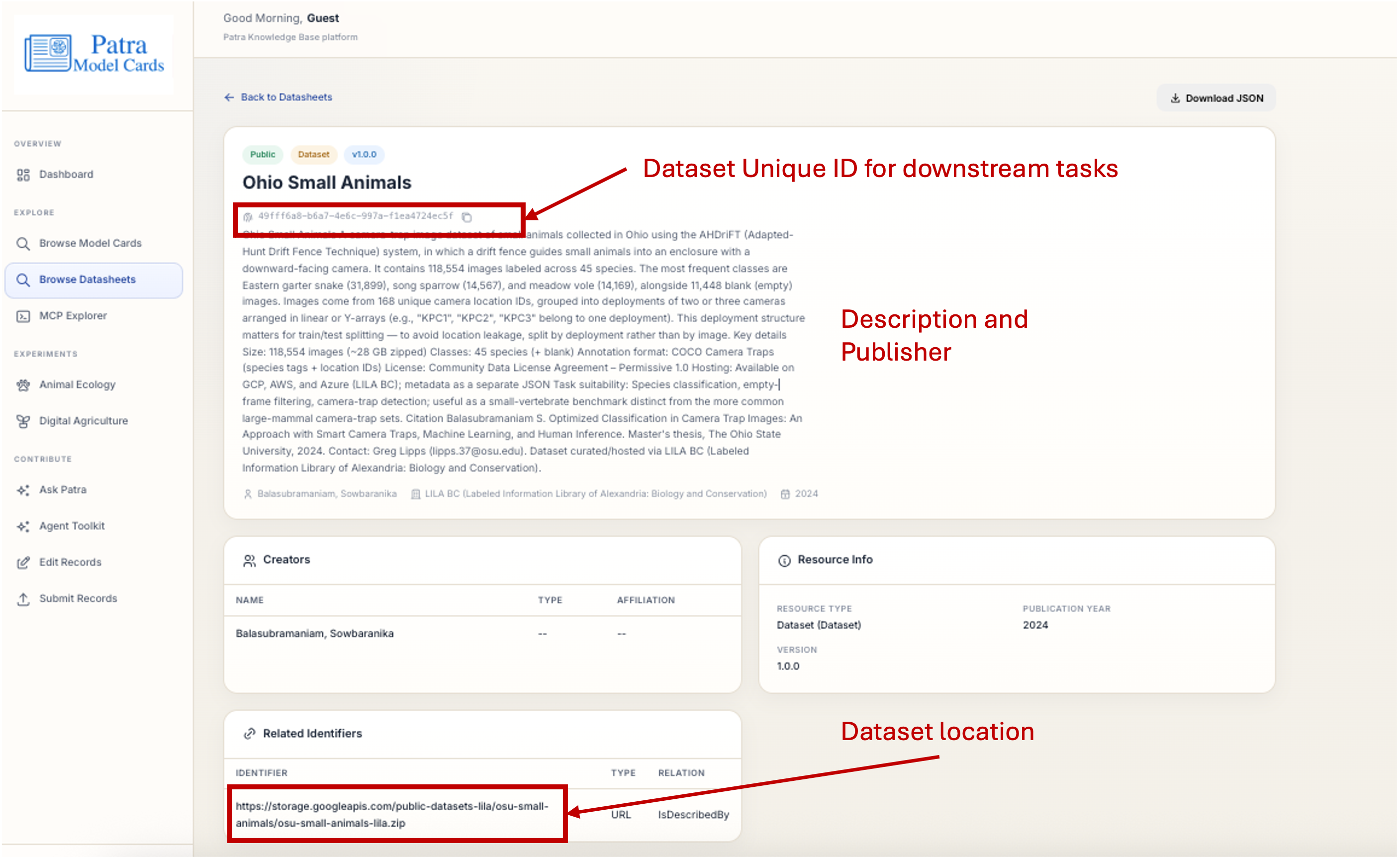 Datasheet detail view with UUID, description, publisher, and location