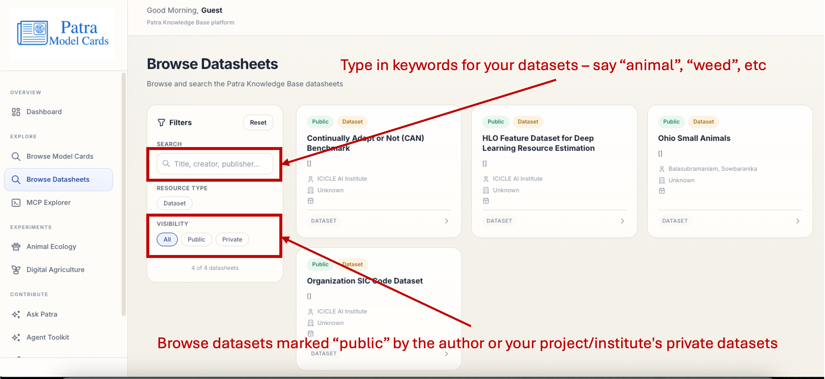 Browse Datasheets, search and visibility filters