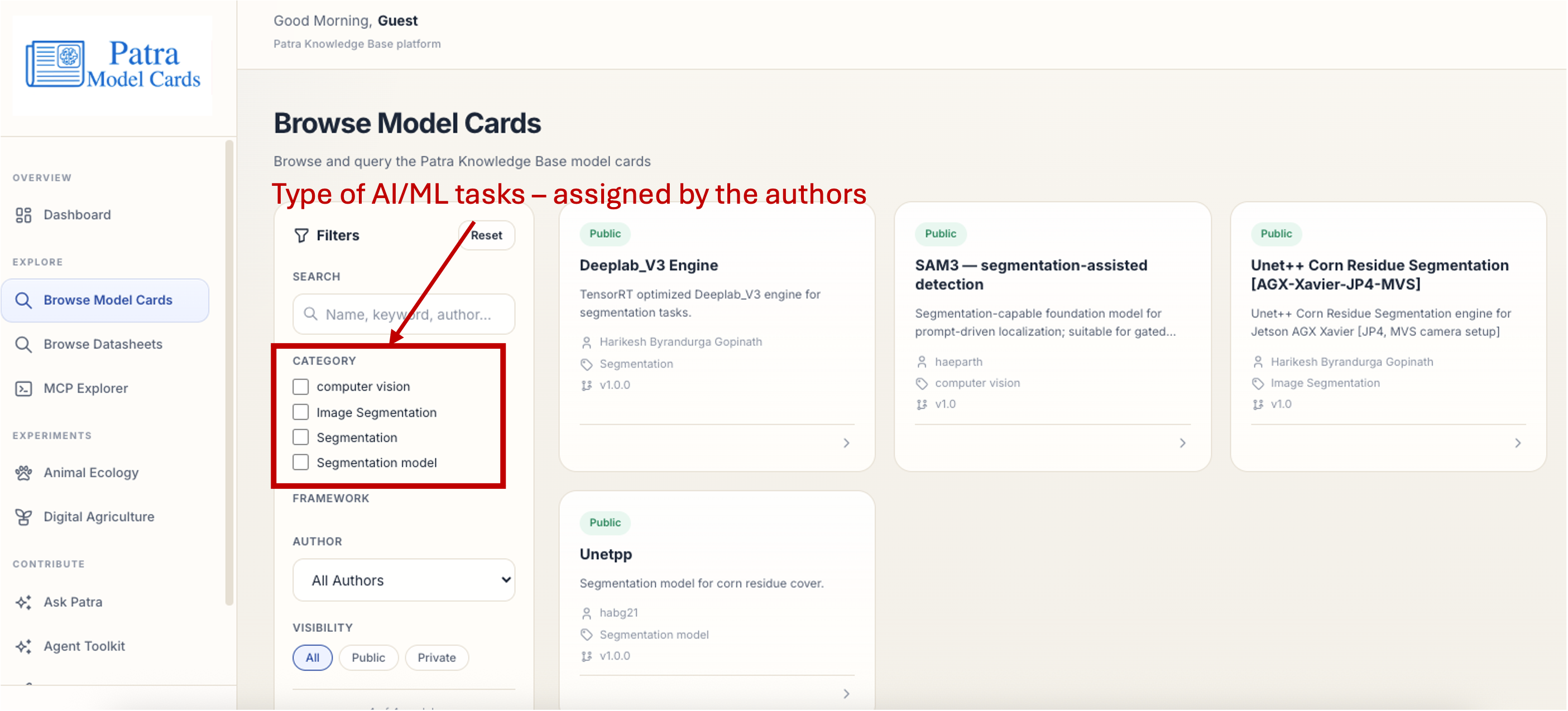 Browse Model Cards, category filter checkboxes