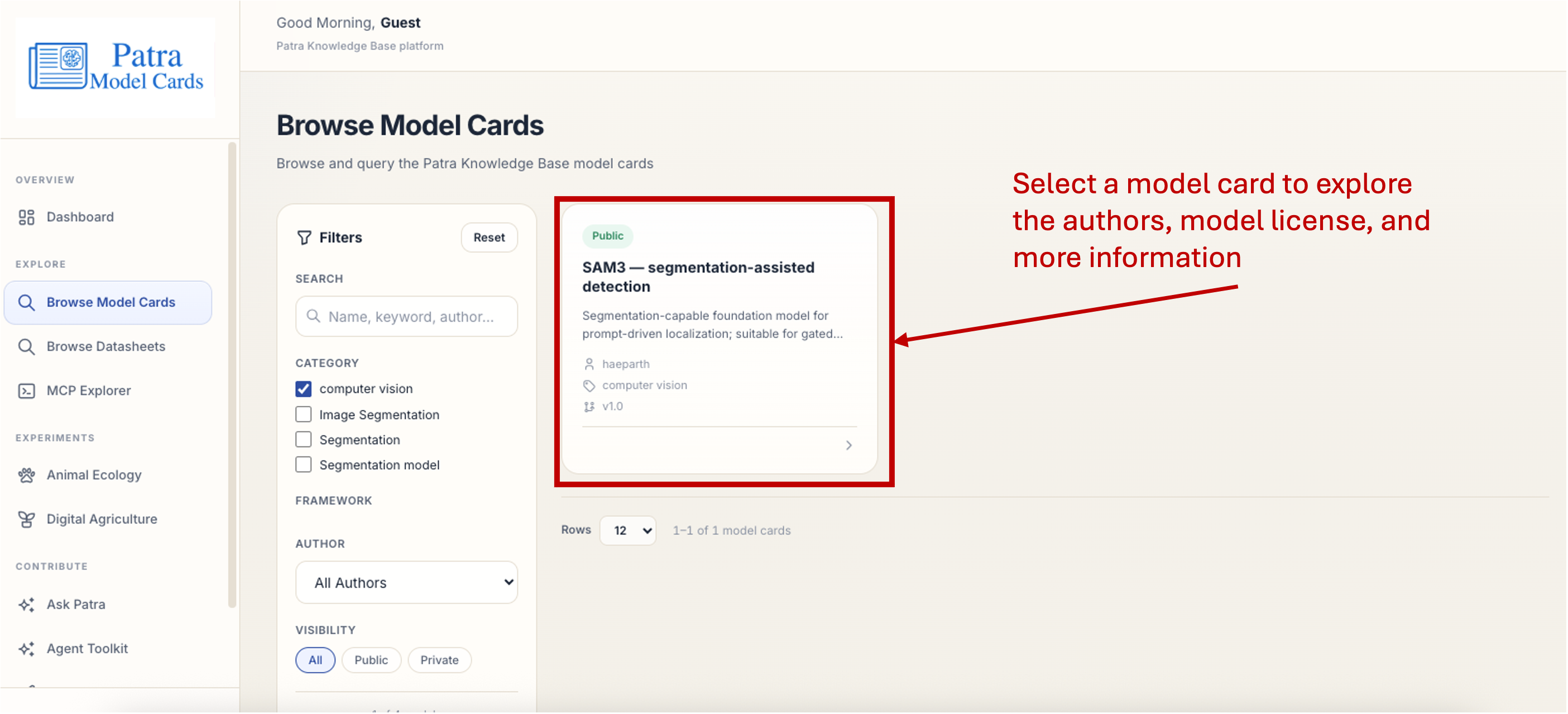 Selecting a model card from filtered results