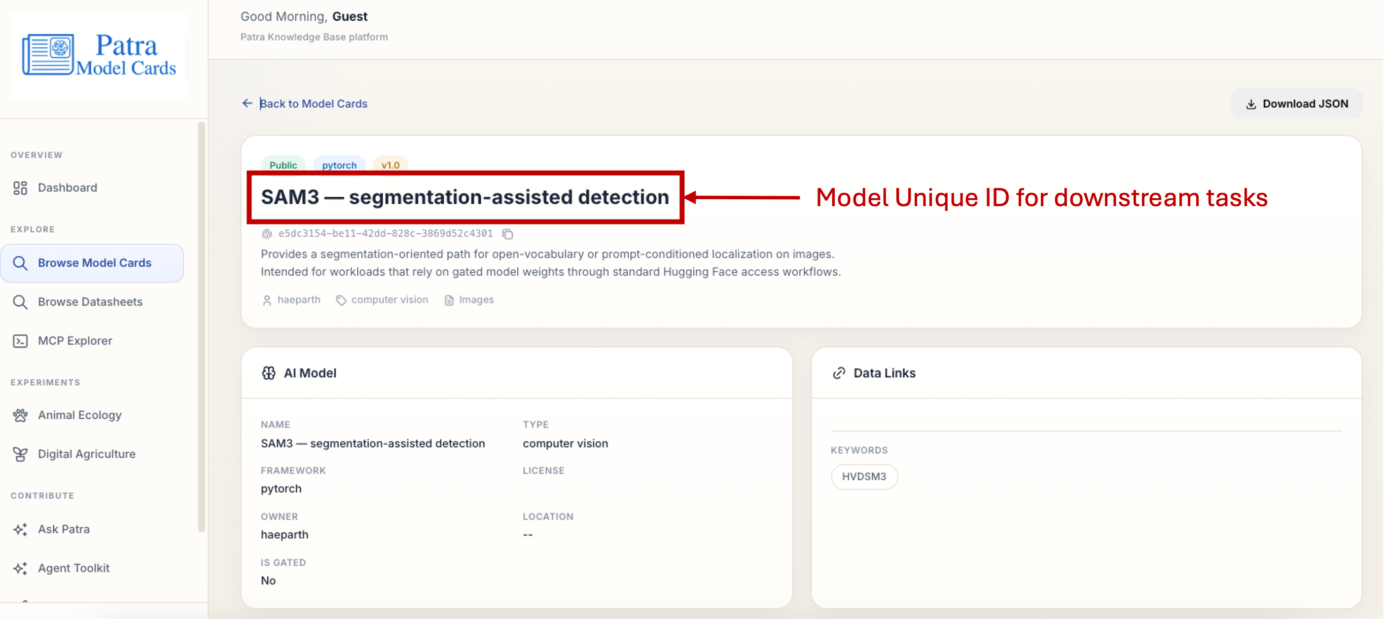 Model card detail view with UUID and specs