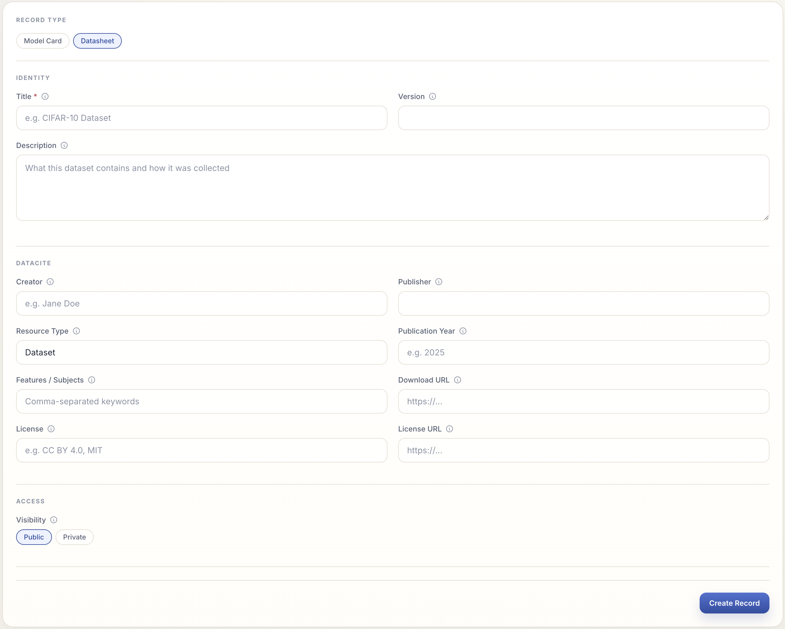 Filling in the datasheet fields in the submission stepper