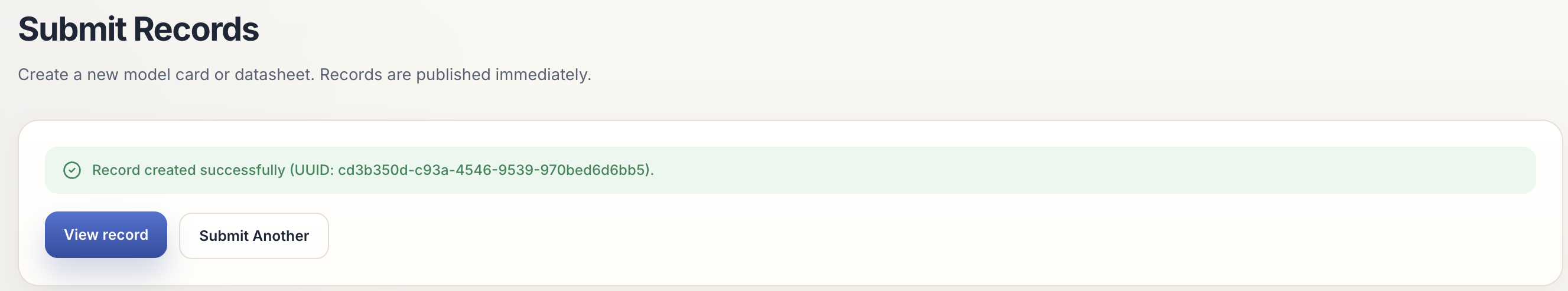 Review step and success message showing the new Dataset UUID