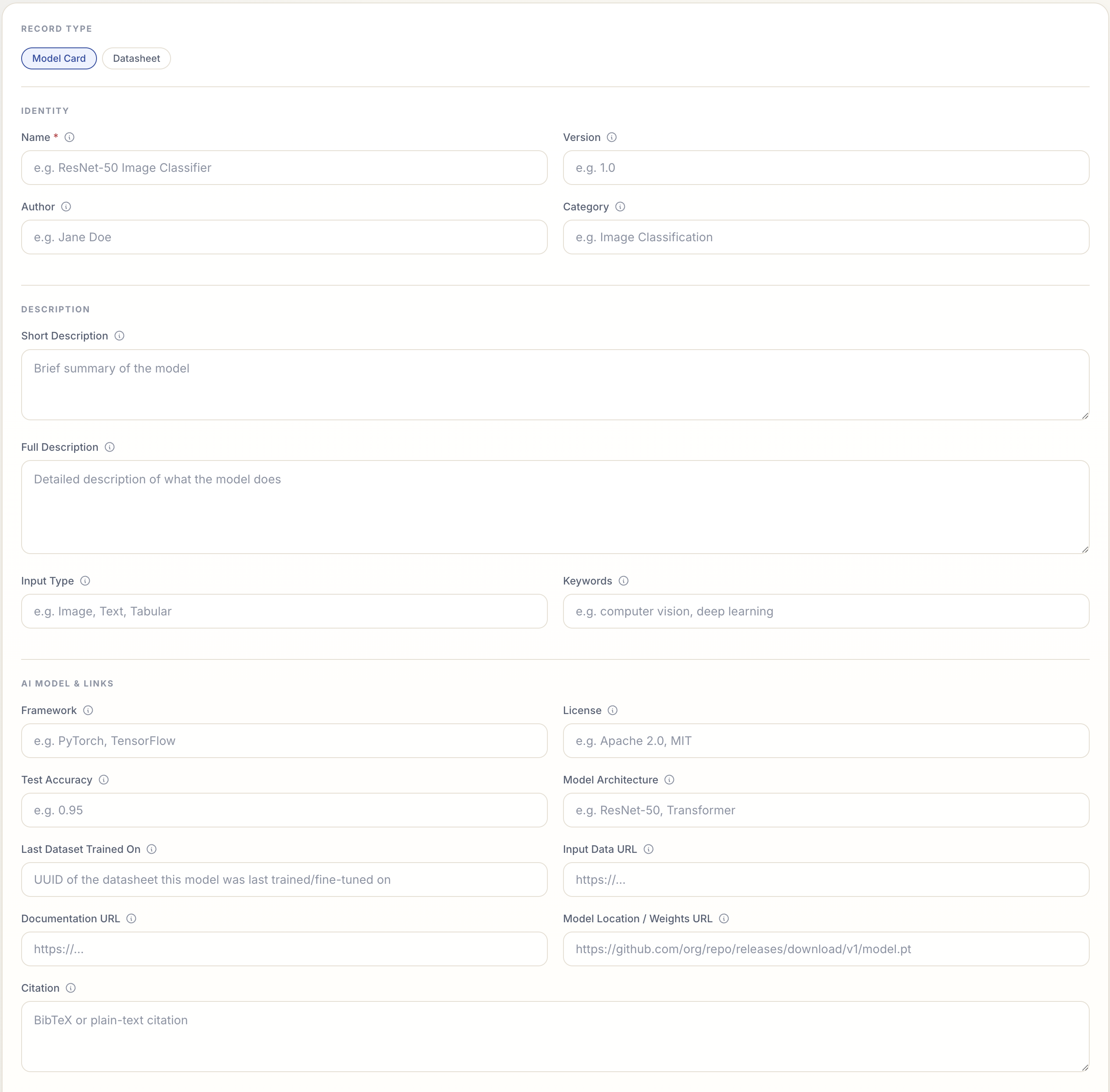 Submit Records page with the Model Card and Datasheet record type chooser
