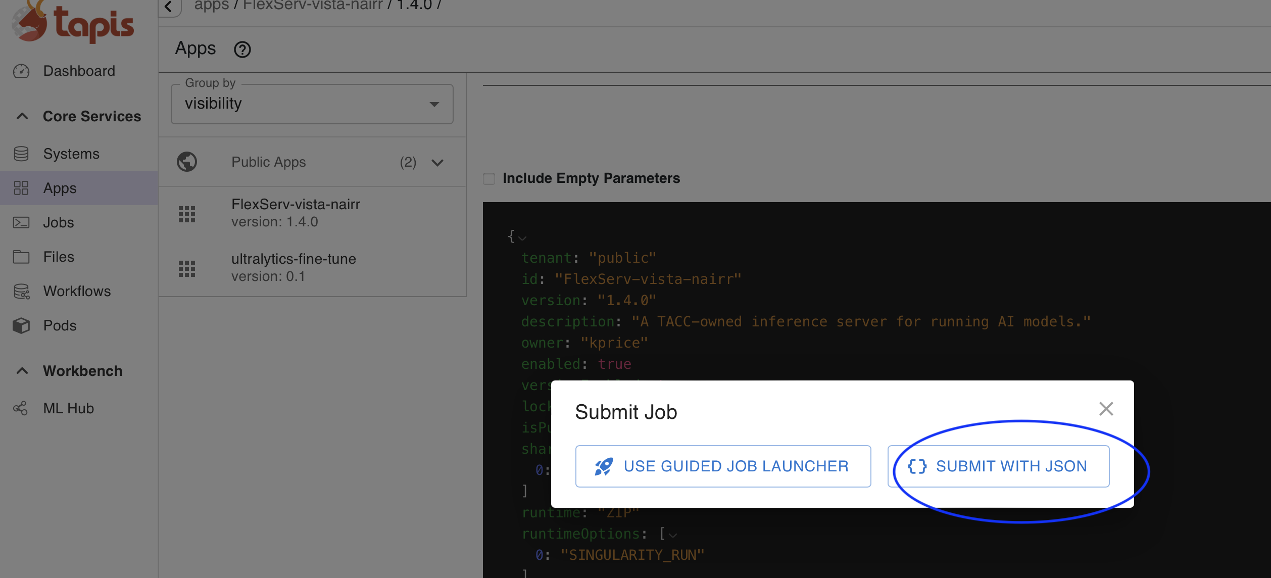 Step 1b: Select Submit with JSON