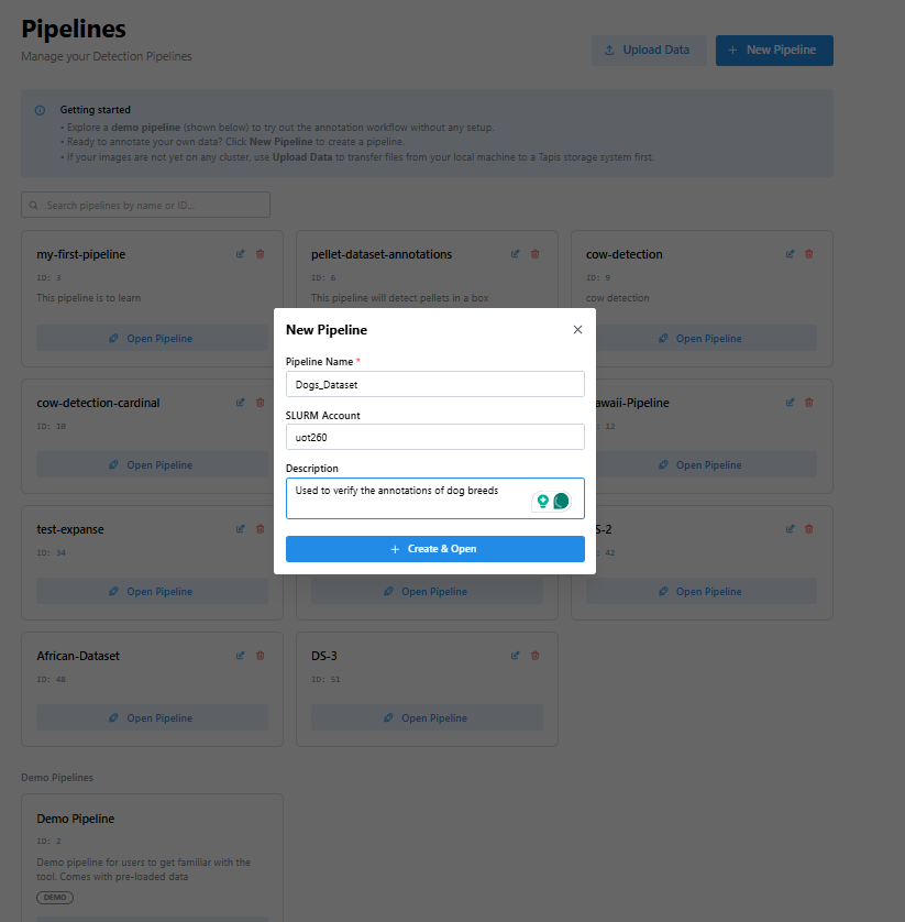 New Pipeline dialog, filled in