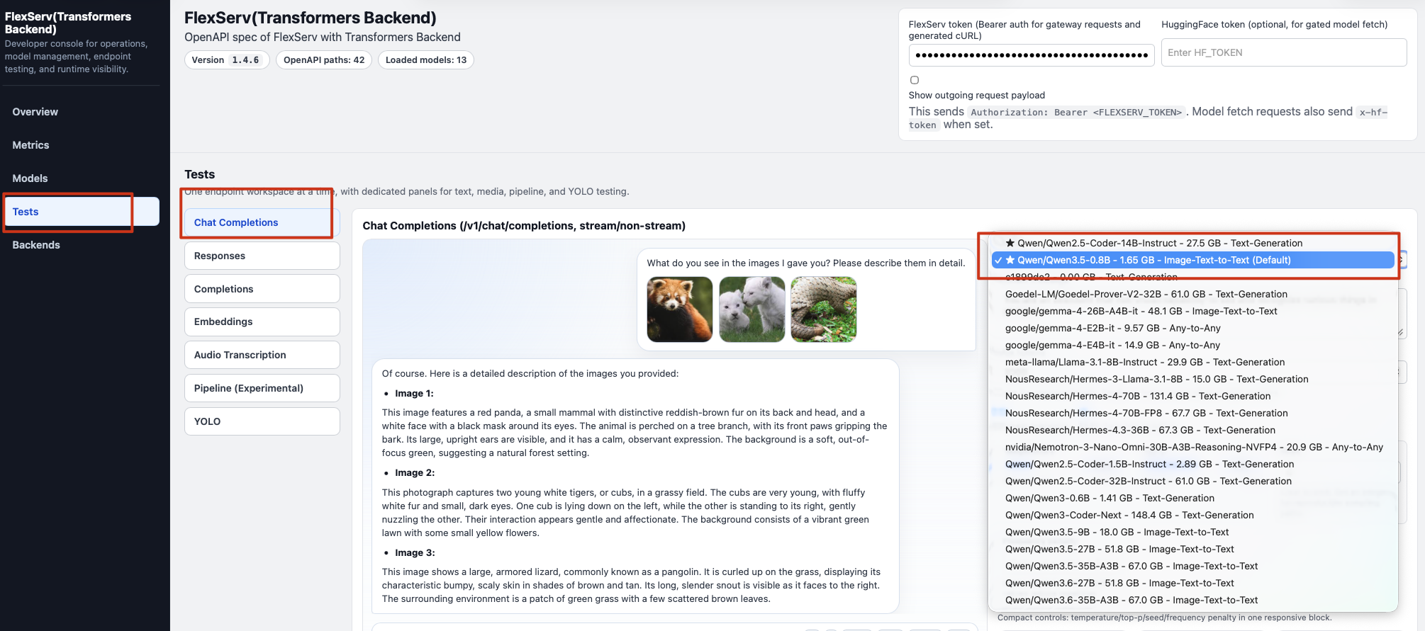 FlexServ API Tests - ChatCompletions - Select Model